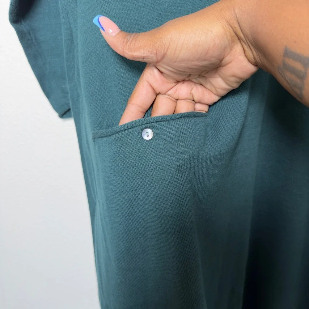Gudrun Sjoden Women 100% Cotton Knit Dress XL Teal 3/4 Sleeve Pocket Lagenlook